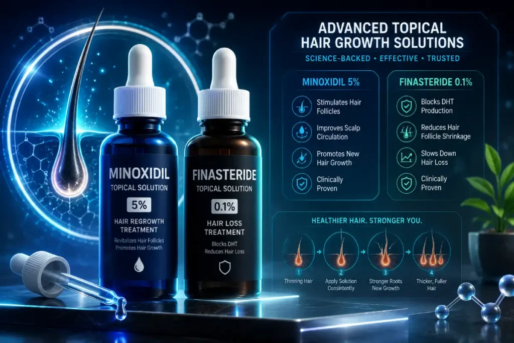 minoxidil and finasteride topical solution: Benefits, Uses, Side Effects & Hair Growth Results